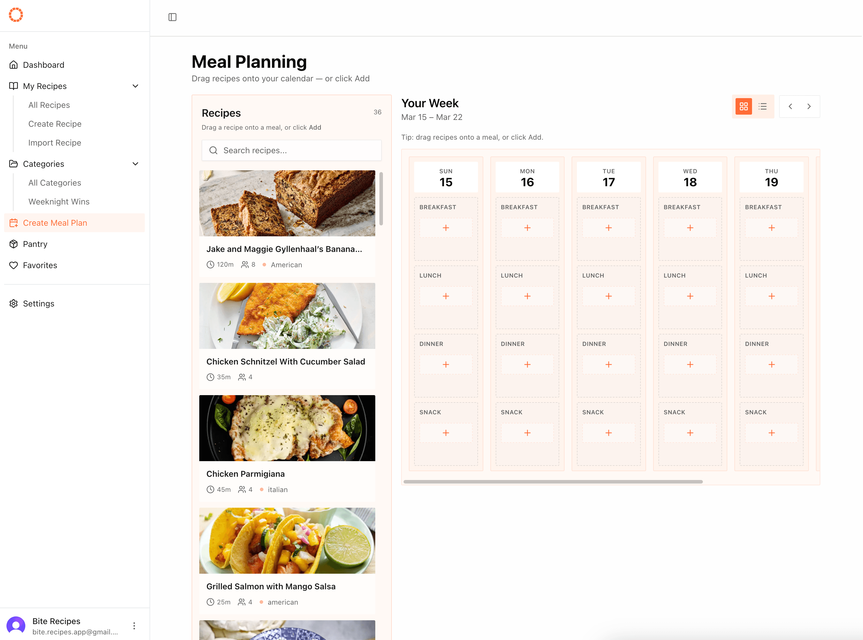 Meal planning calendar
